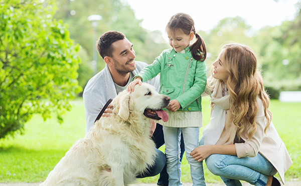 Family outdoors with their dog